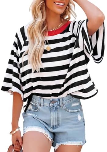 41c9slugpl. ac .jpg Chicrise Oversize Gestreiftes Sommer T-Shirt Damen OEKO-TEX STANDARD 100 Kurze Rundhals Top