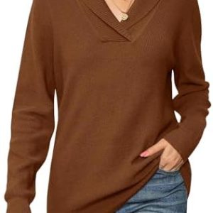 Cuptacc Elegant Damen Pullover V-Ausschnitt Stricktpullover Langarm Einfarbig Mode