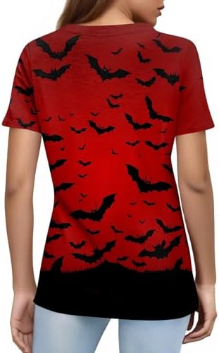 41cbcxc0e1l. ac 1.jpg Generisch Halloween Damen Kurzarm Blutiges Witzig Trendy Blutspritzer Horror T-Shirts Kürbis-Fledermaus-Print Oberteil