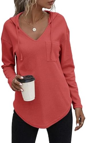 41cifhckcul. ac .jpg Cuptacc Einfarbigen Hoodie für Damen OEKO-TEX STANDARD 100 Langarm Sweatshirt V-Ausschnitt Drawstring Top