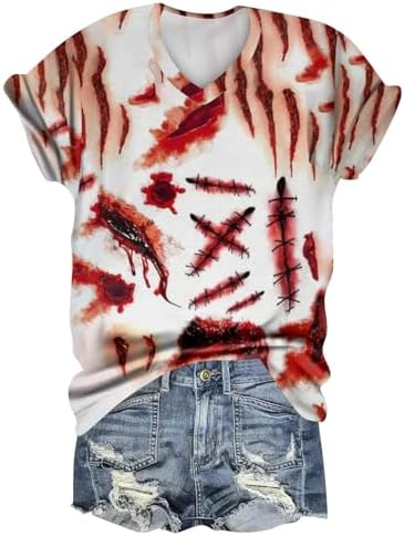 41dr mc2rdl. ac 1.jpg Generisch Halloween Damen Kurzarm Blutiges Witzig Trendy Blutspritzer Horror T-Shirts Kürbis-Fledermaus-Print Oberteil