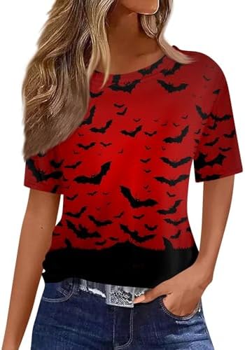 41ean2c0axl. ac 1.jpg Generisch Halloween Damen Kurzarm Blutiges Witzig Trendy Blutspritzer Horror T-Shirts Kürbis-Fledermaus-Print Oberteil