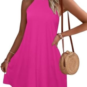 WNEDEDU Sommerkleider Damen Kurze Strandkleider Neckholder Ärmelloses A-Linie Kleider mit Taschen Modevolle Sommerkleidu