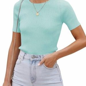 Cuptacc Damen Einfarbig Gestrickte Basic Shirts OEKO-TEX STANDARD 100 Sommer_oberteile Kurzarm_Rundhalsausschnitt_Schlan
