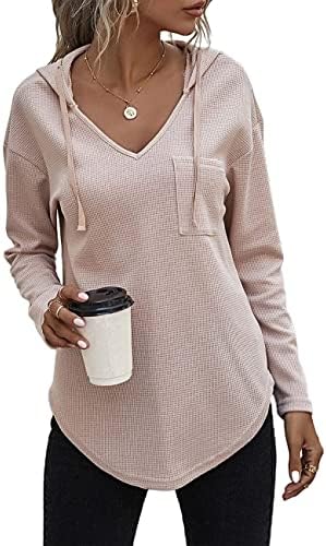 41goj2winxl. ac .jpg Cuptacc Einfarbigen Hoodie für Damen OEKO-TEX STANDARD 100 Langarm Sweatshirt V-Ausschnitt Drawstring Top
