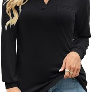 Bluse Damen V-Ausschnitt Elegant Polo Shirt Langarm Golflocker Sportshirt mit Kragen Wintershirts