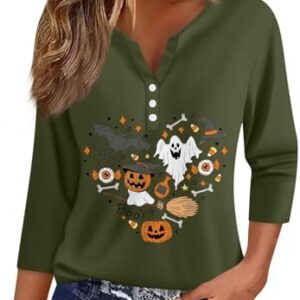 Halloween Damen Trendy Oberteil Blutiges Blutspritzer Kürbis-Fledermaus-Print 3/4 Ärmel Knopf T-Shirt | Trendy Hallowee