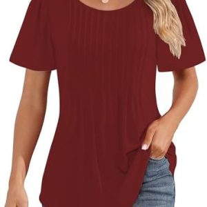 Cuptacc Elegant Kurzarm Geblümt/Einfarbig T-Shirt Damen Rundhals Mit Falten Locker Puffärmel Top