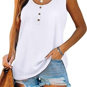 Kapoohott Damen Elegant Tank Tops Sommer Ärmellos Freizeit Oberteile Lose Einfarbig Tunika Shirts mit Tasten Kapoohott S