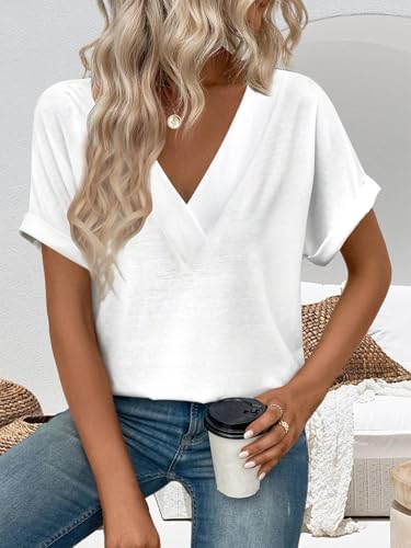 41kaf2a9ul. ac .jpg Cuptacc Sommer T-Shirts Damen Kurzarm V-Ausschnitt Elegant Basic Top OEKO-TEX