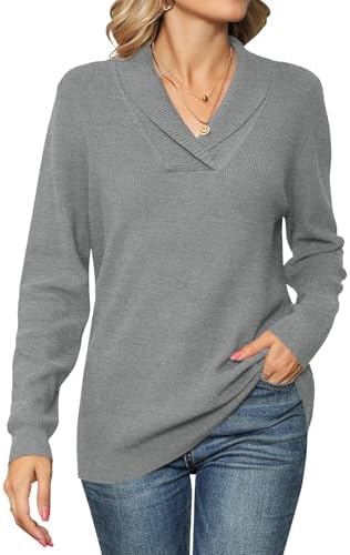 41kc9b1sfol. ac .jpg Cuptacc Damen Sweater Pullover Elegant Gestrickt V-Ausschnitt Langarm Kragen Einfarbig