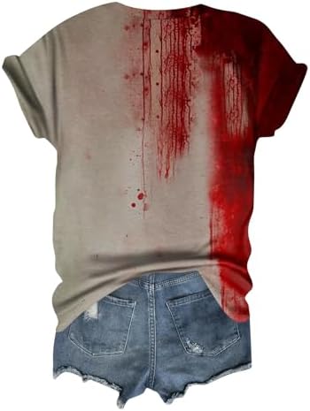 41mho limbl. ac 1.jpg Generisch Halloween Damen Kurzarm Blutiges Witzig Trendy Blutspritzer Horror T-Shirts Kürbis-Fledermaus-Print Oberteil