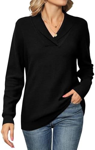 41mpwvhsxl. ac .jpg Cuptacc Damen Sweater Pullover Elegant Gestrickt V-Ausschnitt Langarm Kragen Einfarbig