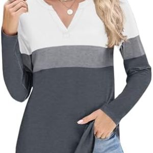 EFFAN Damen Basic-T-Shirt mit V-Ausschnitt Locker Geschnitten Lässiges Langarm-T-Shirt mit Streifen und Farbblock-Design