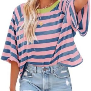 Chicrise Oversize Gestreiftes Sommer T-Shirt Damen OEKO-TEX STANDARD 100 Kurze Rundhals Top