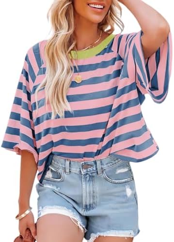 41obbfuytel. ac .jpg Chicrise Oversize Gestreiftes Sommer T-Shirt Damen OEKO-TEX STANDARD 100 Kurze Rundhals Top