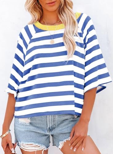 41pvqtyykil. ac .jpg Chicrise Oversize Gestreiftes Sommer T-Shirt Damen OEKO-TEX STANDARD 100 Kurze Rundhals Top