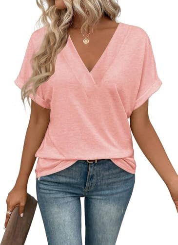 41qpijfcwal. ac .jpg Cuptacc Sommer T-Shirts Damen Kurzarm V-Ausschnitt Elegant Basic Top OEKO-TEX