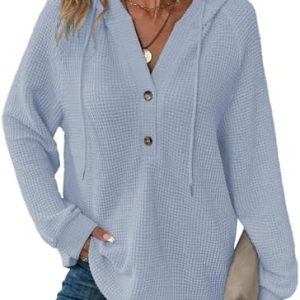 Cuptacc Hoodie Damen Waffel Locker Kapuzenpullover Mit Knopfleiste V-Ausschnitt Langarm Pullover Für Damen Mit Kapuze