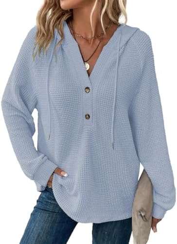 41r3oyvzull. ac .jpg Cuptacc Hoodie Damen Waffel Locker Kapuzenpullover Mit Knopfleiste V-Ausschnitt Langarm Pullover Für Damen Mit Kapuze