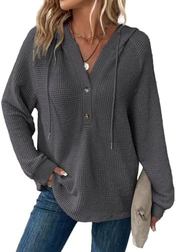 41rsewy21nl. ac .jpg Cuptacc Hoodie Damen Waffel Locker Kapuzenpullover Mit Knopfleiste V-Ausschnitt Langarm Pullover Für Damen Mit Kapuze
