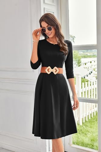 41srxroi9ql. ac .jpg GRACE KARIN Elegant Damen Rundhals Midikleider 3/4 Ärmel Freizeitkleid|Casual|Schlankende A-Linie