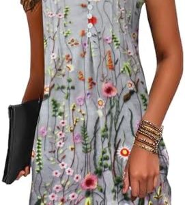 GRMLRPT Damen Elegant Sommerkleid V-Ausschnitt Kurzarm Leicht Blumen Hawaiistik Basic(S-XXL)