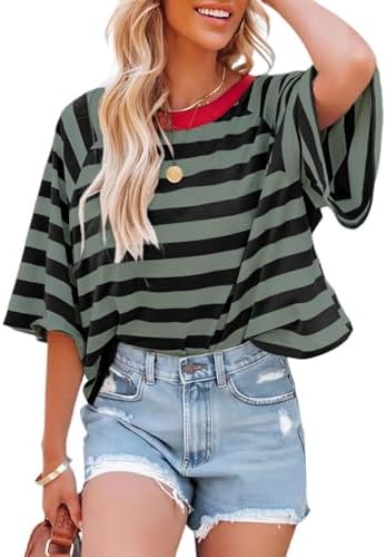41tjj97ugrl. ac .jpg Chicrise Oversize Gestreiftes Sommer T-Shirt Damen OEKO-TEX STANDARD 100 Kurze Rundhals Top