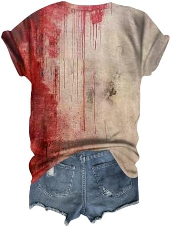 41tsa2mcel. ac 1.jpg Generisch Halloween Damen Kurzarm Blutiges Witzig Trendy Blutspritzer Horror T-Shirts Kürbis-Fledermaus-Print Oberteil