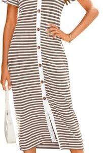 TANMESSO Sommer 2024 Damen Kurzarm Gestreiftes Midikleid Dekorative Knopf Rippstrick Partykleid für Sie/events