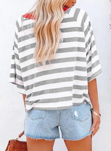 41toebsqsil. ac .jpg Chicrise Oversize Gestreiftes Sommer T-Shirt Damen OEKO-TEX STANDARD 100 Kurze Rundhals Top