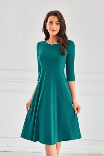 41u6bwwtn7l. ac .jpg GRACE KARIN Elegant Damen Rundhals Midikleider 3/4 Ärmel Freizeitkleid|Casual|Schlankende A-Linie