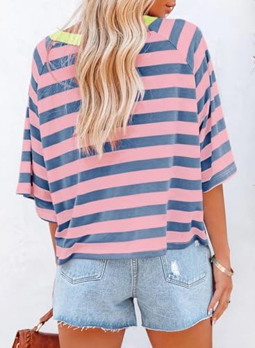 41vpymwlgtl. ac .jpg Chicrise Oversize Gestreiftes Sommer T-Shirt Damen OEKO-TEX STANDARD 100 Kurze Rundhals Top