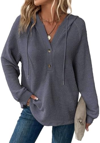 41xgenyqutl. ac .jpg Cuptacc Hoodie Damen Waffel Locker Kapuzenpullover Mit Knopfleiste V-Ausschnitt Langarm Pullover Für Damen Mit Kapuze