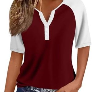 Generisch Damen Kurzen Ärmeln V-Ausschnitt Knopf T-Shirt Elegant Bequeme Business Basic Tops Lässiges Locker Bunte Print