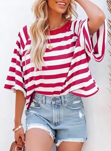 41ycugmwlpl. ac .jpg Chicrise Oversize Gestreiftes Sommer T-Shirt Damen OEKO-TEX STANDARD 100 Kurze Rundhals Top