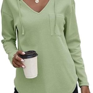 Morhuduck Damen-Kapuzenpullover mit V-Ausschnitt, langärmelig, Tops mit Tasche, Kordelzug, Stretchmaterial, perfekt für