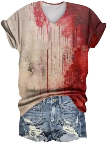 41z4xonu4el. ac 1.jpg Generisch Halloween Damen Kurzarm Blutiges Witzig Trendy Blutspritzer Horror T-Shirts Kürbis-Fledermaus-Print Oberteil