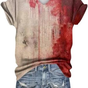 Generisch Halloween Damen Kurzarm Blutiges Witziges Horror T-Shirt Kürbis-Fledermaus-Print Trendig Blutspritzer