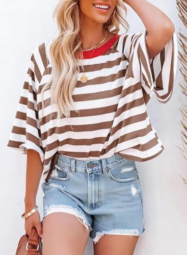 41zisurm3gl. ac .jpg Chicrise Oversize Gestreiftes Sommer T-Shirt Damen OEKO-TEX STANDARD 100 Kurze Rundhals Top