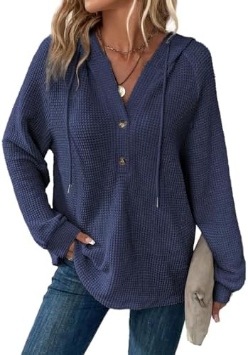 41acfl3b3wl. ac .jpg Cuptacc Hoodie Damen Waffel Locker Kapuzenpullover Mit Knopfleiste V-Ausschnitt Langarm Pullover Für Damen Mit Kapuze