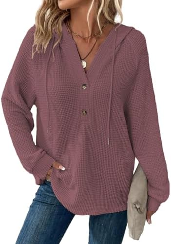 41bknib8nbl. ac .jpg Cuptacc Hoodie Damen Waffel Locker Kapuzenpullover Mit Knopfleiste V-Ausschnitt Langarm Pullover Für Damen Mit Kapuze