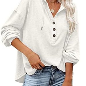 Klassische PLOKNRD Kapuzenpullover für Damen mit V-Ausschnitt | PLOKNRD Langarm Knöpfen Pullover mit Kordelzug für Dame