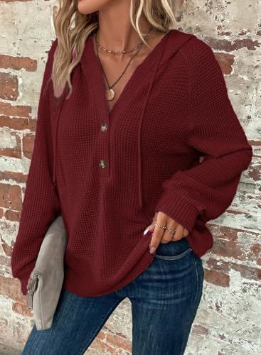 41cc4rfze8l. ac .jpg Cuptacc Hoodie Damen Waffel Locker Kapuzenpullover Mit Knopfleiste V-Ausschnitt Langarm Pullover Für Damen Mit Kapuze