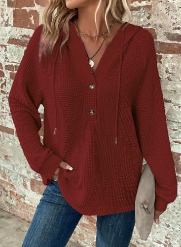41dmguakz8l. ac .jpg Cuptacc Hoodie Damen Waffel Locker Kapuzenpullover Mit Knopfleiste V-Ausschnitt Langarm Pullover Für Damen Mit Kapuze