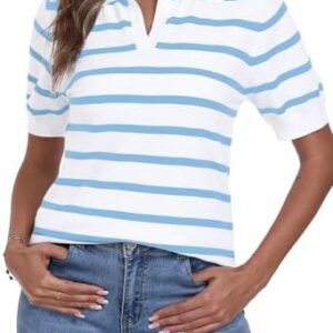 DEARCASE Kurzarm V-Ausschnitt gestreiftes T-Shirt für Damen Sommer Gerippter Strickkragen Casual Slim Fit Nette Basic Te