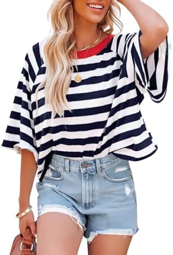 41fquu4lq2l. ac .jpg Chicrise Oversize Gestreiftes Sommer T-Shirt Damen OEKO-TEX STANDARD 100 Kurze Rundhals Top