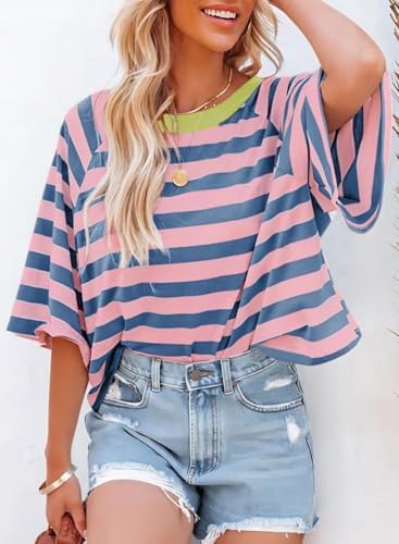 41gkw lg1ol. ac .jpg Chicrise Oversize Gestreiftes Sommer T-Shirt Damen OEKO-TEX STANDARD 100 Kurze Rundhals Top