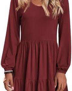 Zeagoo Elegant Herbstkleid A-Linie Langarm V-Ausschnitt Tunika mit Taschen S-XXL