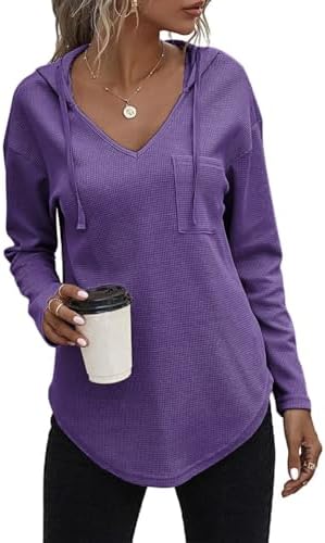 41h64bbpsrl. ac .jpg Cuptacc Einfarbigen Hoodie für Damen OEKO-TEX STANDARD 100 Langarm Sweatshirt V-Ausschnitt Drawstring Top